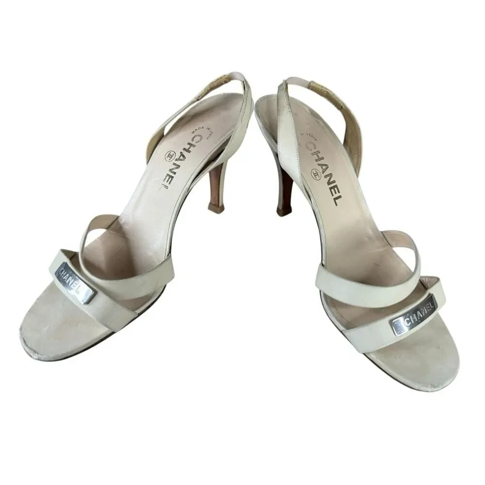 Chanel Ivory Leather Slingback Heels Logo Strap Sandals EU 39 US 8.5